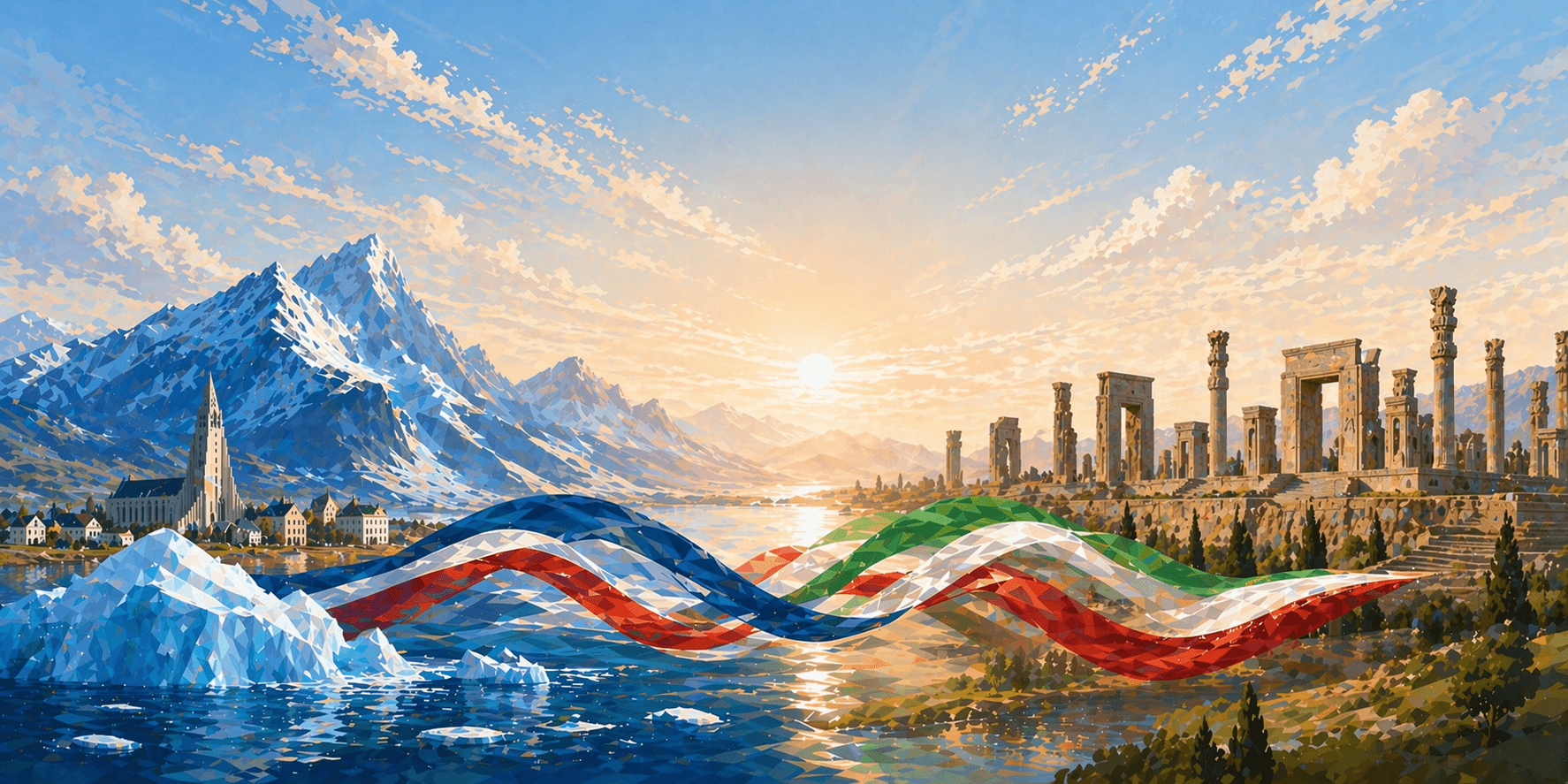Icelandic glacier landscape with Iran and Iceland map